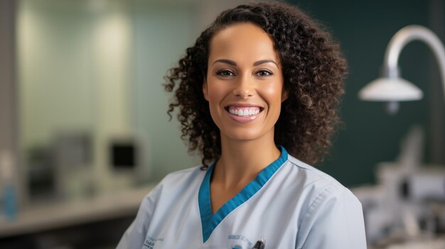 Portrait d'une belle femme médecin regardant la caméra sur un fond d'hôpital flou