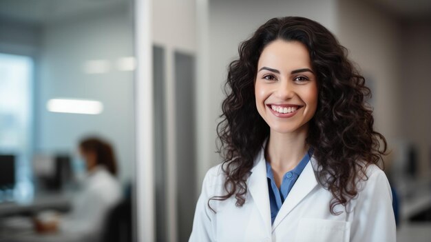 Portrait d'une belle femme médecin regardant la caméra sur un fond d'hôpital flou