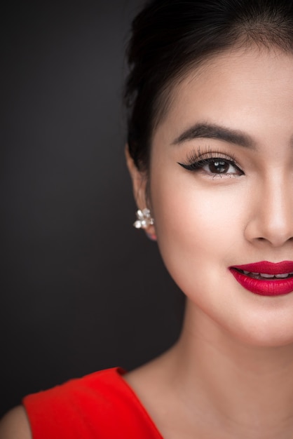 Portrait de belle femme modèle asiatique avec un maquillage parfait et des lèvres rouges