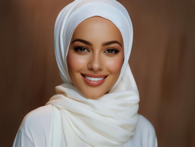 Portrait d'une belle femme musulmane avec un hi jab blanc souriant à la caméra