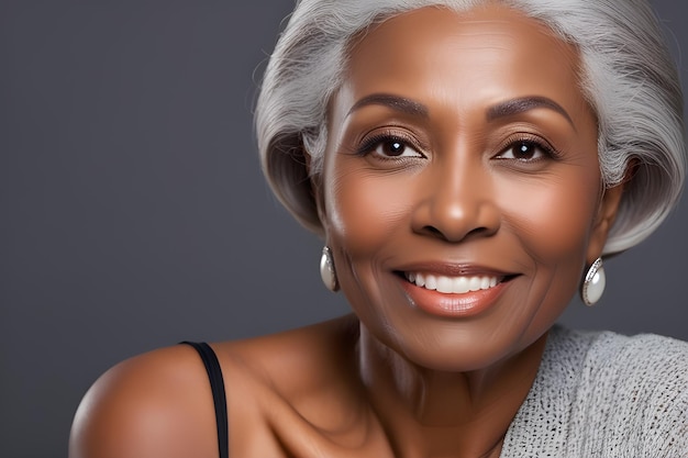 Photo portrait d'une belle femme noire âgée aux cheveux gris cosmétique soin de la peau