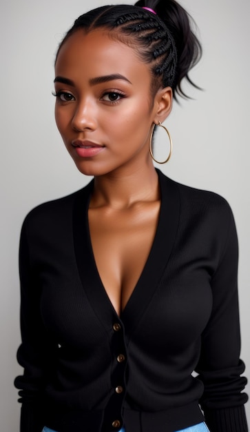 Portrait d'une belle femme noire avec un cardigan à boutons courts