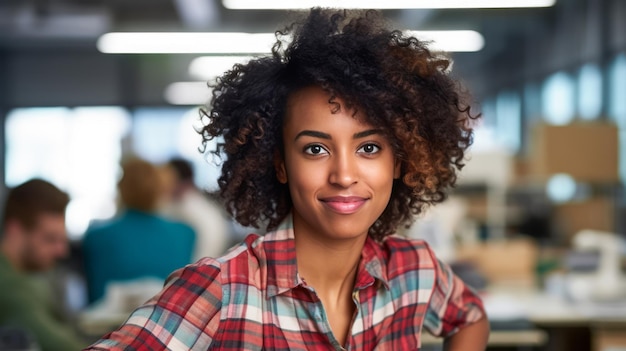 Photo portrait d'une belle femme noire avec des cheveux bouclés élégants une femme d'affaires regarde la caméra et sourit arrière-plan de bureau ai génératif