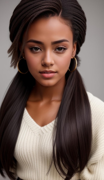 Portrait d'une belle femme noire avec un pull en peluche moelleux