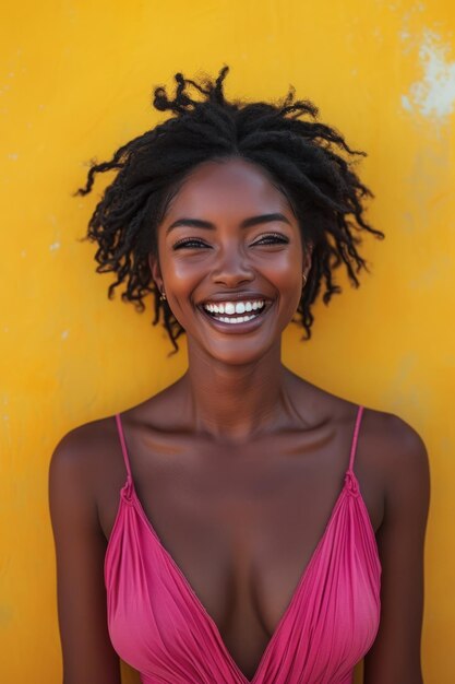 Portrait d'une belle femme noire souriante dans une robe rose.