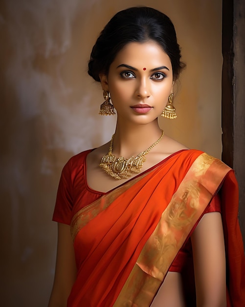 Portrait d'une belle femme en orange et or Saree traditionnel indien