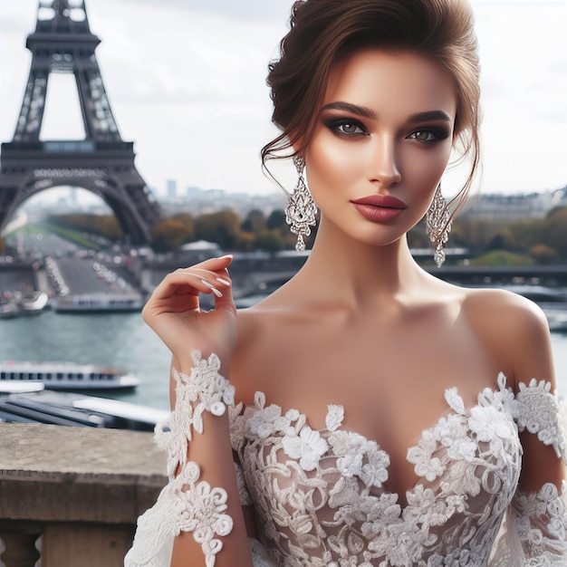 portrait d'une belle femme à Paris sur fond de Tour Eiffel