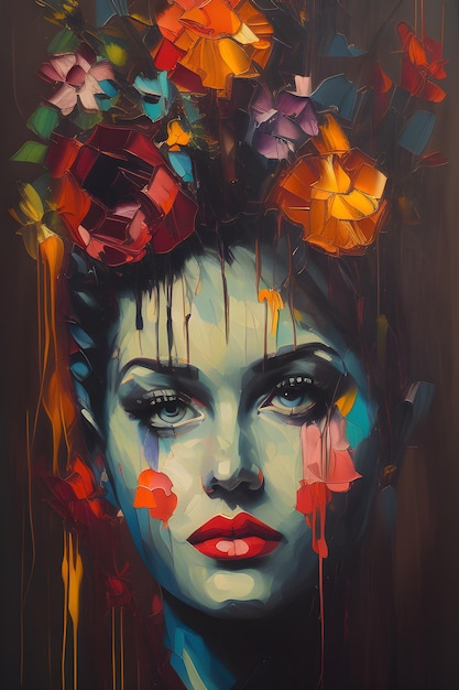 Portrait d'une belle femme peinte avec une illustration florale sombre