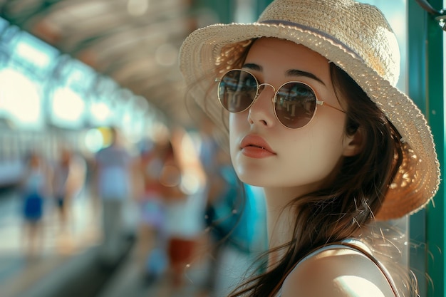 Portrait d'une belle femme qui attend à la gare.