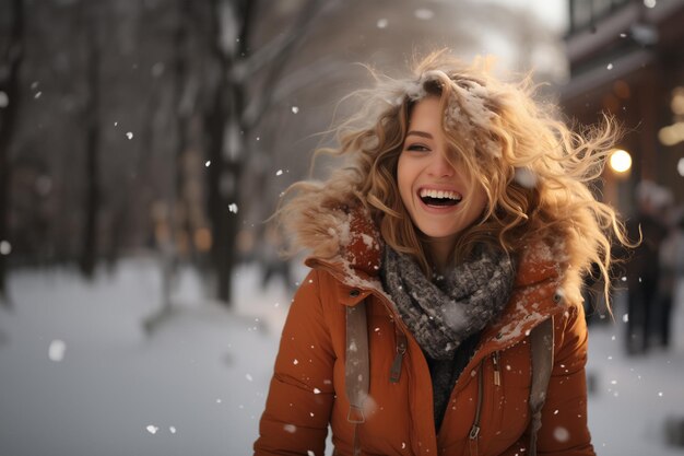 Portrait d'une belle femme qui rit dans une scène d'hiver Image générée par l'IA