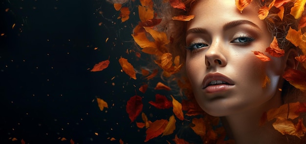 Portrait d'une belle femme regardant à travers des feuilles d'orange en gros plan soin du maquillage de la peau d'automne