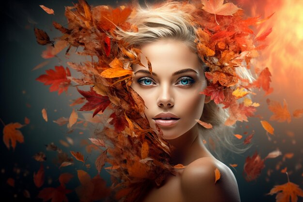 Portrait d'une belle femme regardant à travers des feuilles d'orange en gros plan soin du maquillage de la peau d'automne