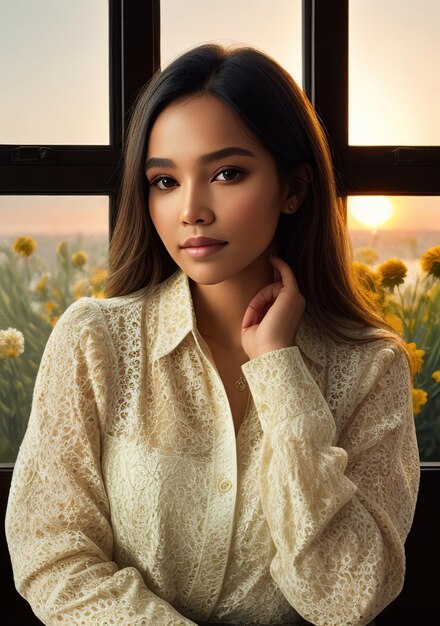 Photo portrait d'une belle femme en robe au coucher du soleil ai générative