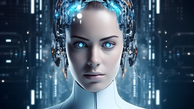 Portrait d'une belle femme robot avec intelligence artificielle