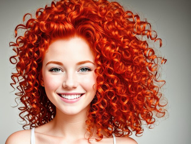 Portrait d'une belle femme rousse joyeuse avec des cheveux bouclés volants souriant en riant sur fond blanc