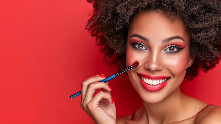 Photo portrait d'une belle femme se maquillant sur un fond rouge