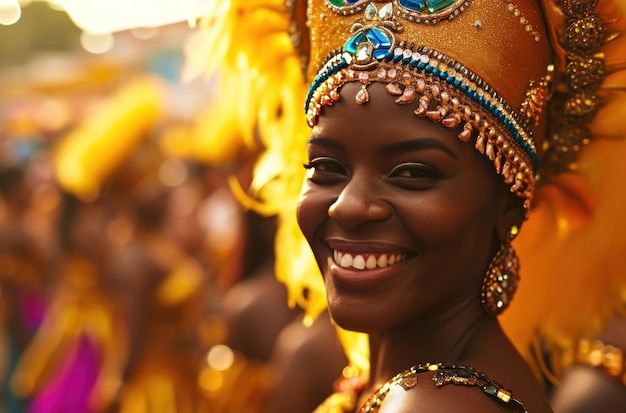 portrait d'une belle femme souriant à la caméra lors d'un événement de samba le jour du carnaval