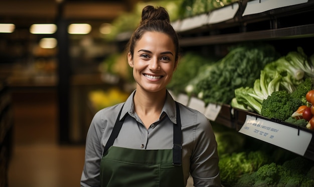 Portrait d'une belle femme souriante, ouvrière d'un magasin, debout dans un supermarché.