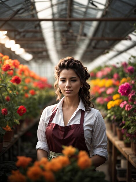 Photo portrait d'une belle femme travaillant dans une serre de fleurs