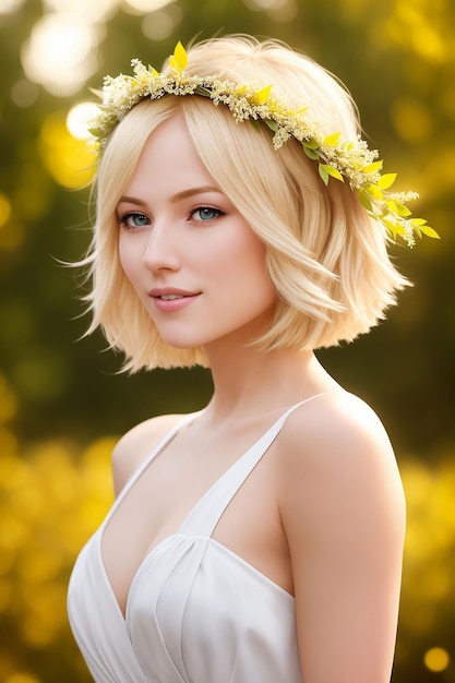 Portrait d'une belle femme en vêtements d'été avec une couronne de fleurs sur la tête AI générative