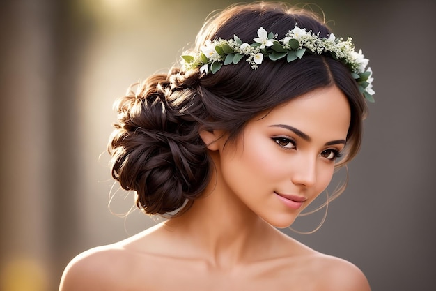 Portrait d'une belle femme en vêtements d'été avec une couronne de fleurs sur la tête AI générative