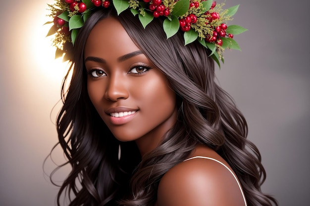 Portrait d'une belle femme en vêtements d'été avec une couronne de fleurs sur la tête AI générative