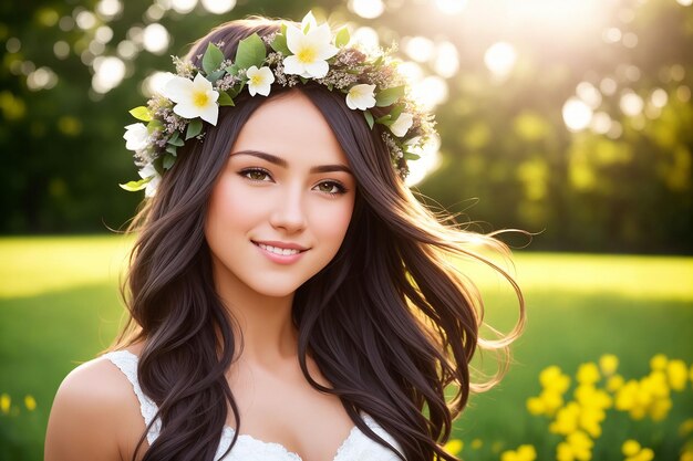 Portrait d'une belle femme en vêtements d'été avec une couronne de fleurs sur la tête sur fond de nature Generative AI