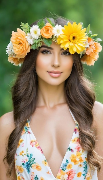 Photo portrait d'une belle femme en vêtements d'été avec une couronne de fleurs sur la tête