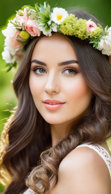 Portrait d'une belle femme en vêtements d'été avec une couronne de fleurs sur la tête