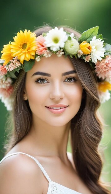 Portrait d'une belle femme en vêtements d'été avec une couronne de fleurs sur la tête