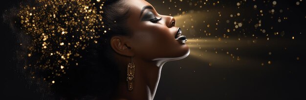 Photo portrait d'une belle fille africaine sur un fond de studio sombre beauté africaine avec maquillage et cheveux longs