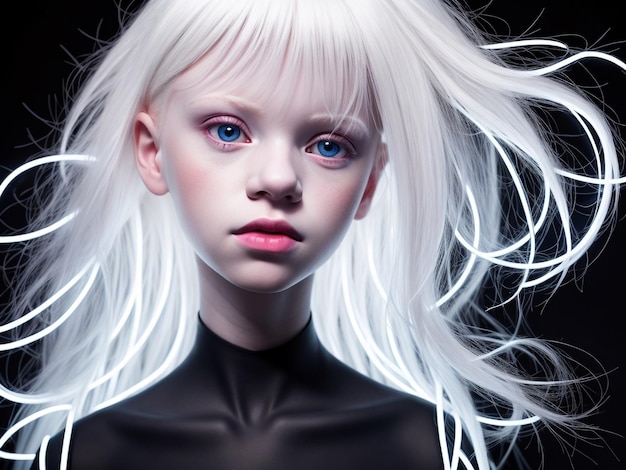 Portrait d'une belle fille albino isolée dans un studio sombre à la lumière du néon