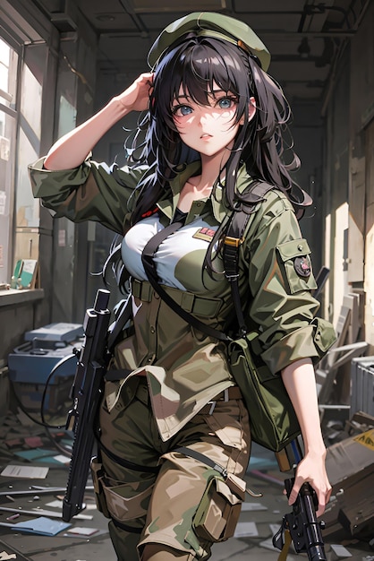 Portrait d'une belle fille d'anime en uniforme militaire dans un bâtiment abandonné