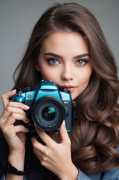 Portrait d'une belle fille avec un appareil photo dans les mains