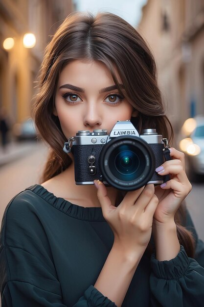 Portrait d'une belle fille avec un appareil photo dans les mains