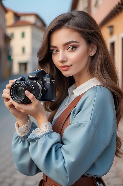 Portrait d'une belle fille avec un appareil photo dans les mains