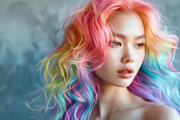 Photo portrait d'une belle fille asiatique avec des cheveux au néon arc-en-ciel