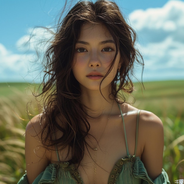 Portrait d'une belle fille asiatique en robe verte sur un champ de blé