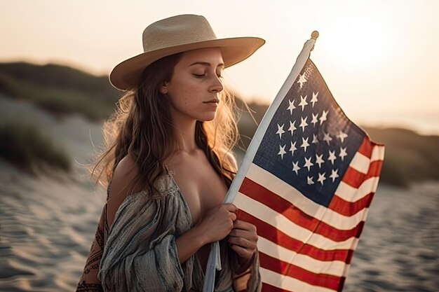 Portrait de belle fille au chapeau qui tient le drapeau usa à l'extérieur le jour de l'indépendance ai générative