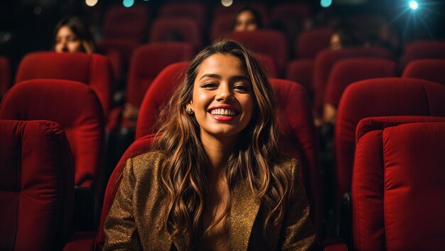 Le portrait d'une belle fille au cinéma souriante et heureuse