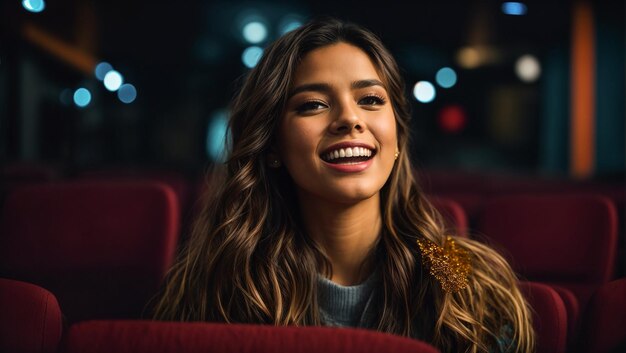 Le portrait d'une belle fille au cinéma souriante et heureuse