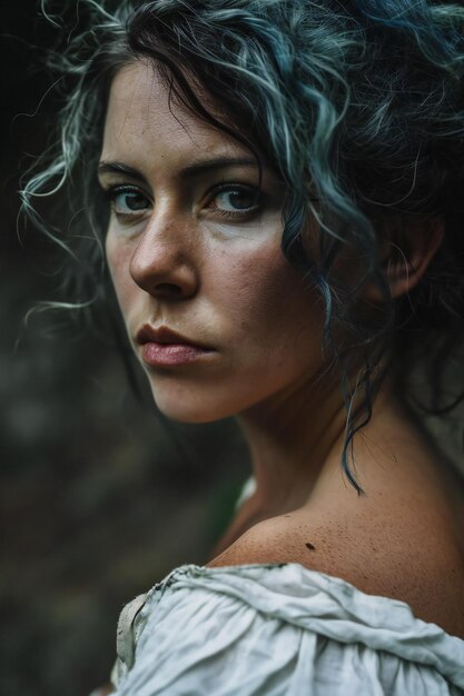 Portrait d'une belle fille aux cheveux bleus et à la robe blanche