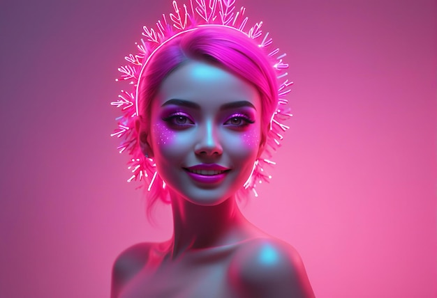 Portrait d'une belle fille aux cheveux roses et au maquillage brillant