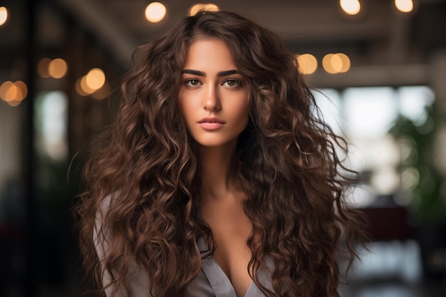 Portrait d'une belle fille aux longs cheveux bruns et une belle coiffure Mode et beauté IA générative