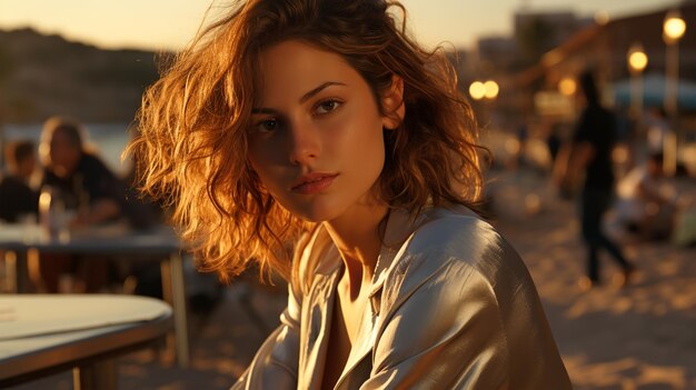 Portrait d'une belle fille aux longs cheveux lâches sur la plage face à la mer