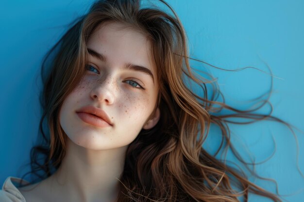 Portrait d'une belle fille aux longs cheveux ondulés sur un fond bleu