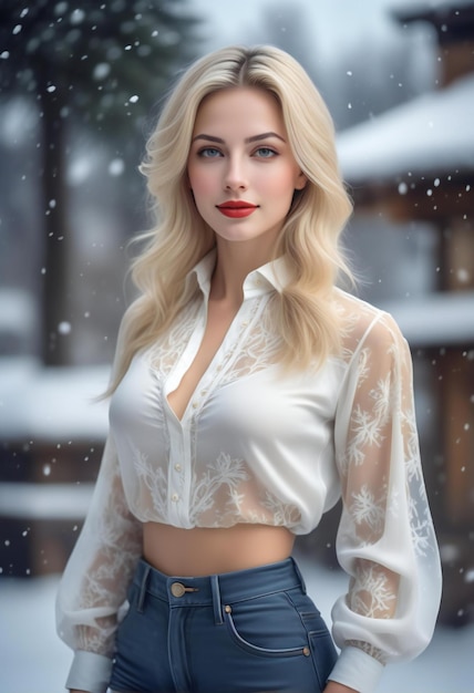 Portrait d'une belle fille blonde dans un chemisier blanc et des jeans bleus sur un fond d'un lan d'hiver