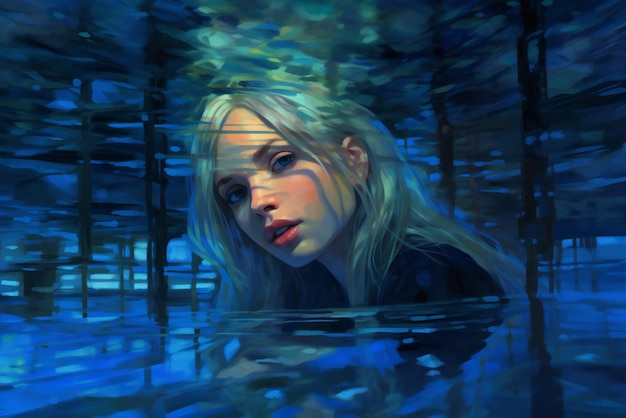 Portrait d'une belle fille blonde dans une eau bleu foncé