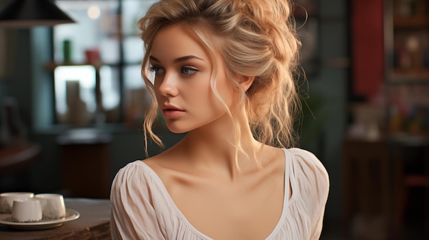 Portrait d'une belle fille avec des cheveux blonds et une belle coiffure Mode et beauté IA générative