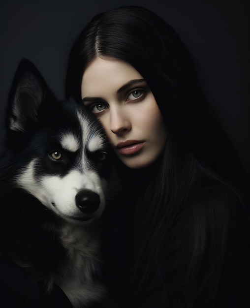 Portrait d'une belle fille avec un chien Malamute